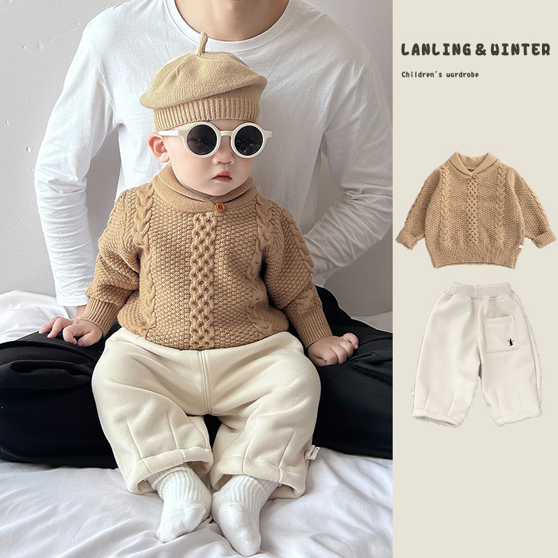 男童加厚毛衣套装秋冬季婴儿衣服时尚翻领针织衫宝宝保暖百搭裤子