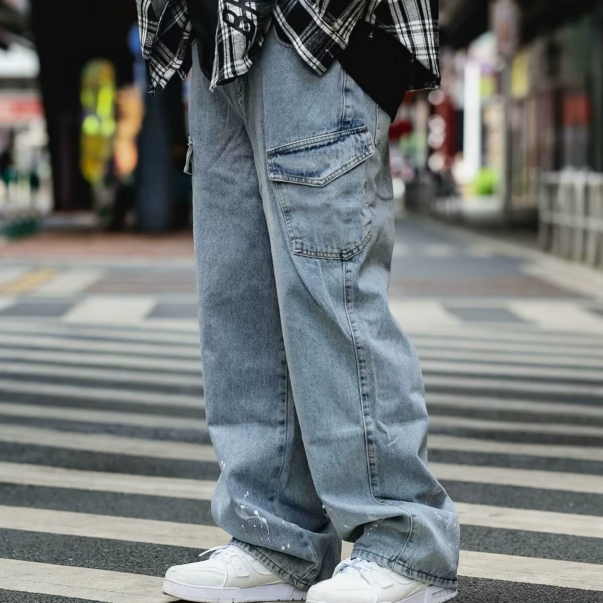Японский стирается тяжелым дизайном Окрашенные прямые джинсы Мужская мода модная свободная ретро-швабра