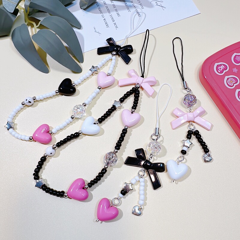 New Candy Cartoon Bow Mobile Phone Chain Beaded Mobile Phone Lanyard Mobile Phone Case Pendant Anti-Fall Wrist Strap for Girls