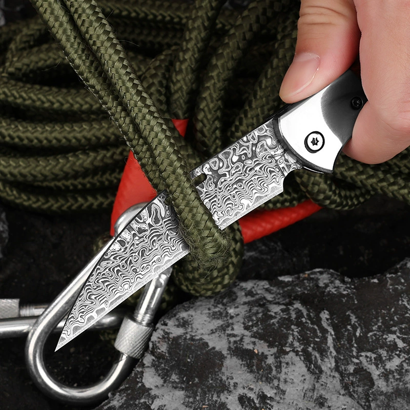 Damascus folding knife fox handle portable folding knife fruit knife portable pocket knife wilderness survival knife cross-border