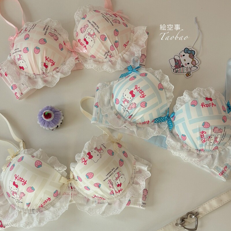 Sweet and Cute Girl's Lingerie Japanese-Style Hello Kitty Lace Thin Pure Desire Small Chest Push-Up Student Bra Set Sweet and Cute Girl's Lingerie Japanese-Style Hello Kitty Lace Thin Pure Desire Small Chest Push-Up Student Bra Set