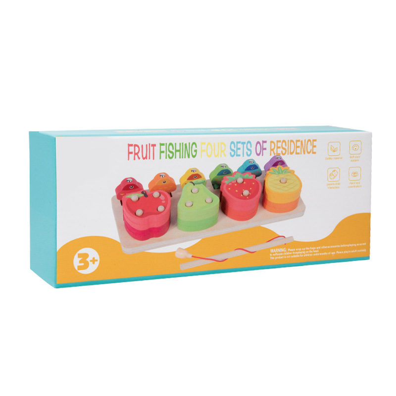 Educación temprana rompecabezas de frutas columna juegos de pesca de color ejercicio cognitivo movimiento fino mano ojo coordinación juguetes