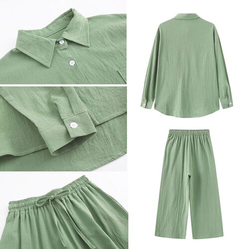 Ins-style independent store 2-piece oversized cotton-linen shirt set with high-waist wide-leg