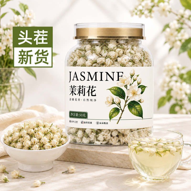 Jasmine Tea, Strong-Flavored Jasmine Snowball, Dried Jasmine Flower Buds for Brewing Tea, Stemless, Bottled Jasmine Tea, Strong-Flavored Jasmine Snowball, Dried Jasmine Flower Buds for Brewing Tea, Stemless, Bottled