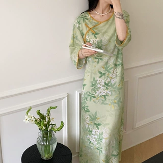 2024新款棉绸睡裙女夏季高级感改良旗袍国风睡衣新中式人造棉长裙