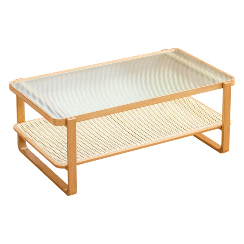 Mesa de café sala de estar nórdico simple pequeño apartamento mesa de té de vidrio templado cama y desayuno mesa de té de doble capa de ratán japonés nuevo