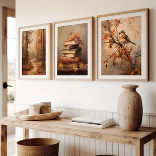 Nordic Modern Autumn Red Landscape Deciduous Leaf Maple Leaf Bird Book Living Room Bedroom Hanging Painting Oil Canvas Decorative Painting Core