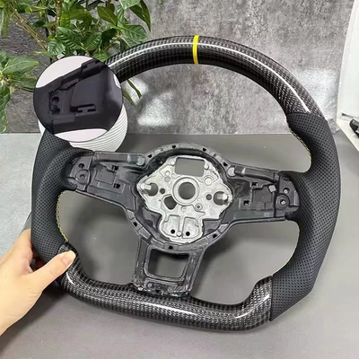 Suitable for Volkswagen Golf 7 MK7.5 MK7 GTI R GTD GTE carbon fiber semi-perforated steering wheel (Steering wheel) - yellow-line-yellow-return-to-center-with-pick-hole