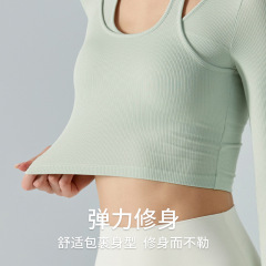 Ningbo Anjiu Underwire Bra-Top Yoga Long-Sleeve Women's Skin-Friendly Elastic Fitting Slimming Neckline False Two-Piece Yoga Top