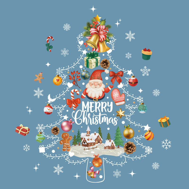 カラフルなクリスマスツリー、白い吊り下げライト、窓用ウォールステッカー、クリスマスツリー、雪の結晶、クッキー、キャンディー、サンタクロースのウォールステッカー、静電窓飾り|undefined