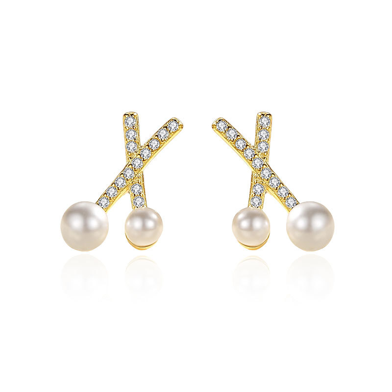 Retro Francés Inglés letra X stud pendientes 925 plata llena de diamantes de lujo de luz pendientes de estilo femenino joyería de perlas sintéticas al por mayor