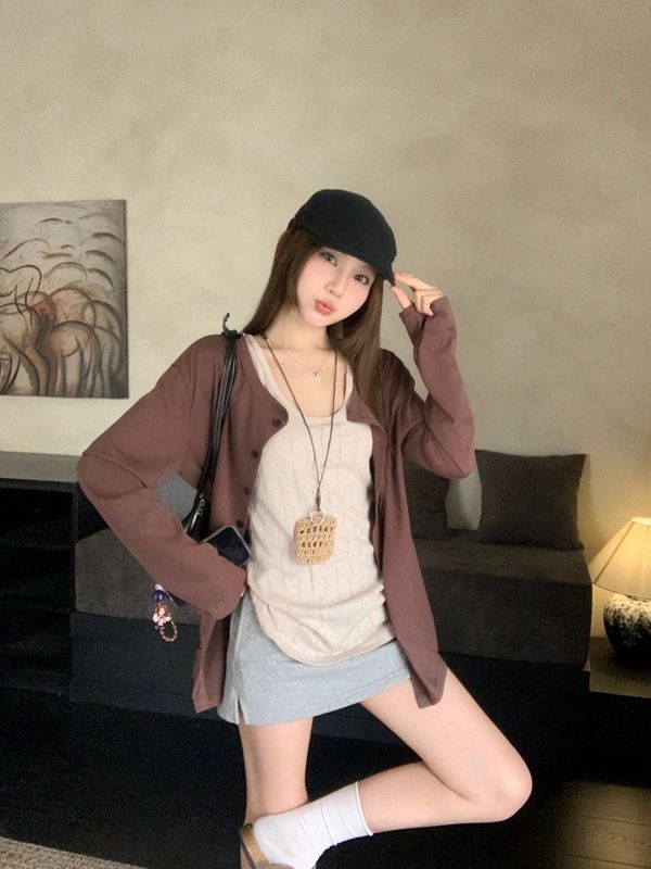 慵懒风套装设薄款长袖衬衫防晒衫女秋季内搭吊带背心松弛感两件套|undefined