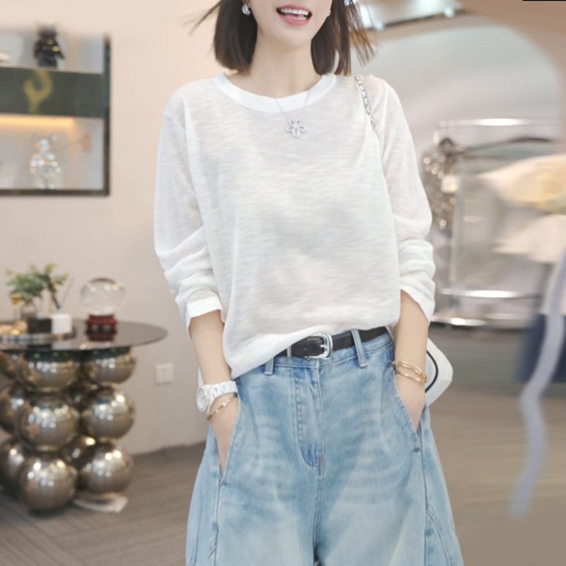 Tencel Lyocell Snowflake Cotton High-End Long-Sleeved T-Shirt for Women, Summer Thin Air-Conditioned Top, Sun Protection Clothing, Cover-Up