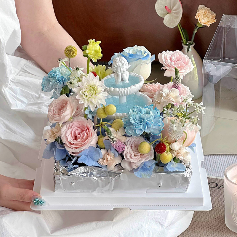 新款七夕网红许愿池天使梦幻喷泉情人节花束装饰透明插花蛋糕盒批