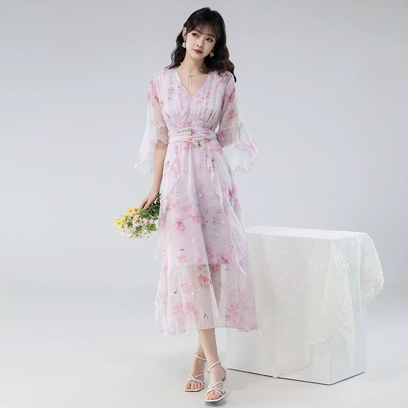 Юбка с рюшами и цветочным принтом для женщин, лето 2025, новая супер красивая юбка, платье с французской талией, темпераментная длинная юбка