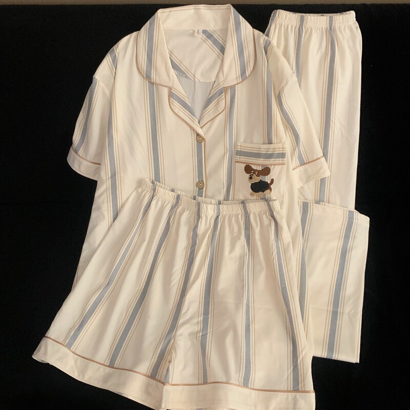2024 New Summer Cotton Couple Pajamas Women's Cartoon Striped Puppy Short-sleeved Loose Home Clothes Cute Three-piece Set