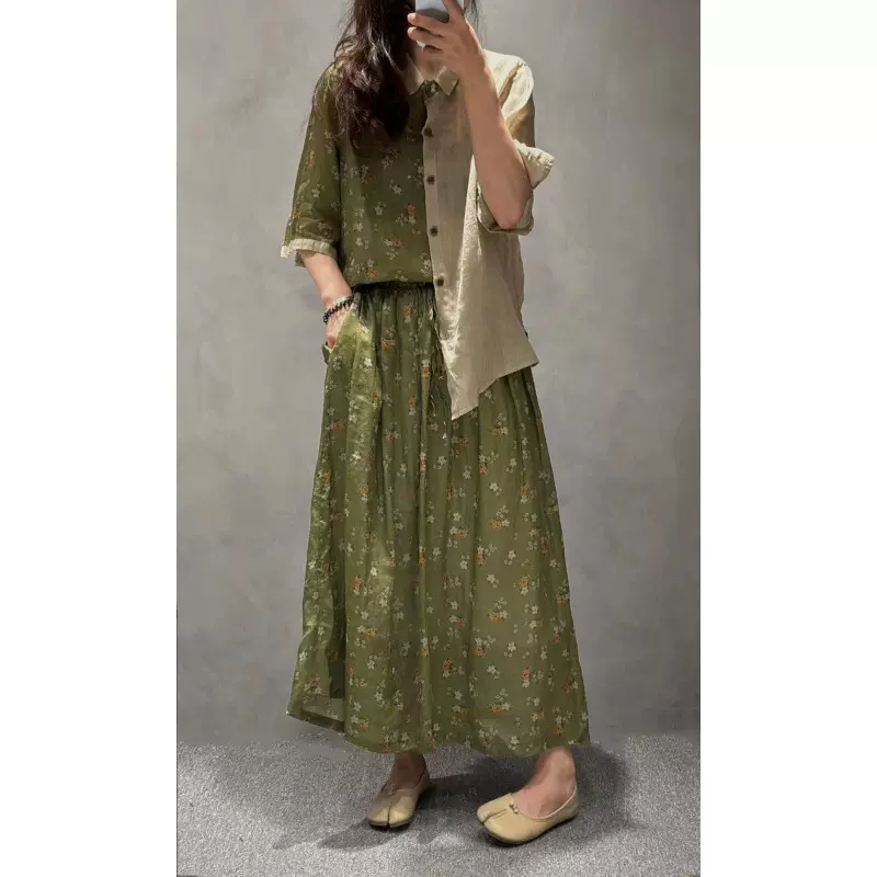 cz9750苎麻薄款拼接套装衬衣+半身裙2024夏天新品文艺复古两件装