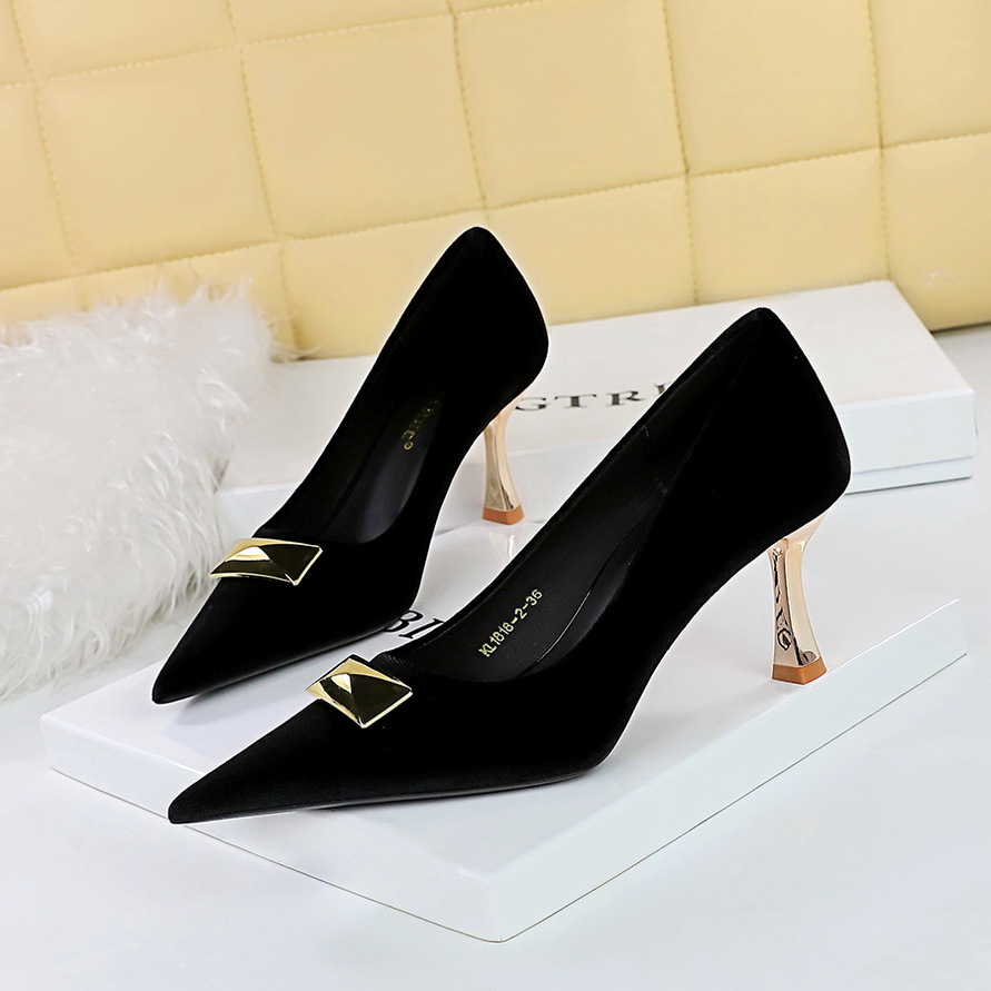 1818-K81 European And American Style Party High-heeled Shoes With Heel, Shallow Pointed Toe, Metal Buckle Decoration,_vogvips.com