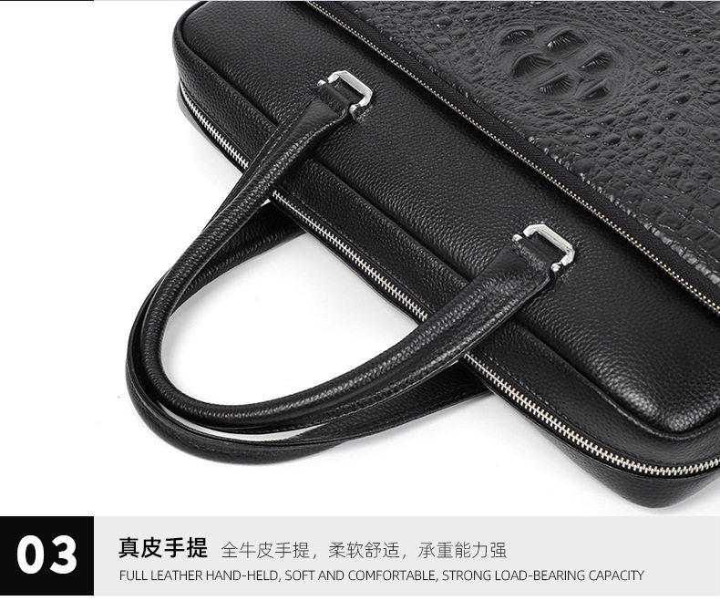 Túi xách nam da bò thật vân cá sấu, cặp công sở đựng tài liệu 14 inch — Màu đen chi tiết 20