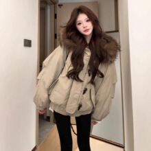 美式复古大毛领连帽棉服女外套冬季2025年新款牛角扣加厚保暖棉衣
