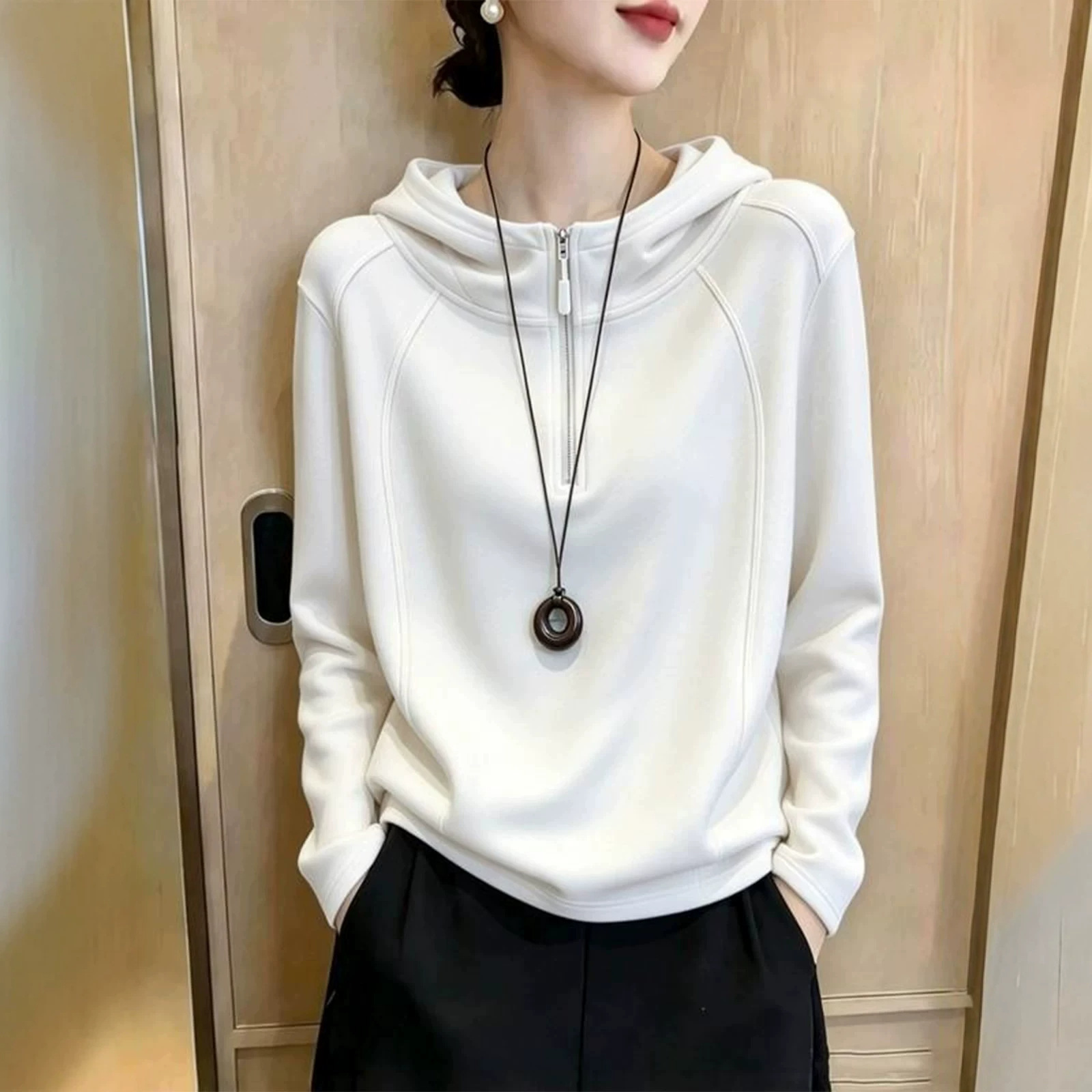 白色半拉链连帽长袖卫衣女装2026秋冬新款设计感洋气时髦百搭上衣