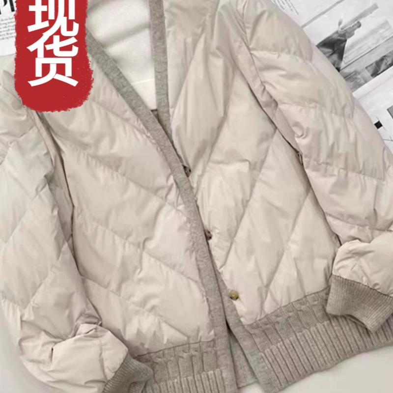Ready Stock Women's Clothing Autumn and Winter New Cashmere Sweater Spliced down Jacket Women's White Goose down Stylish Cardigan Coat