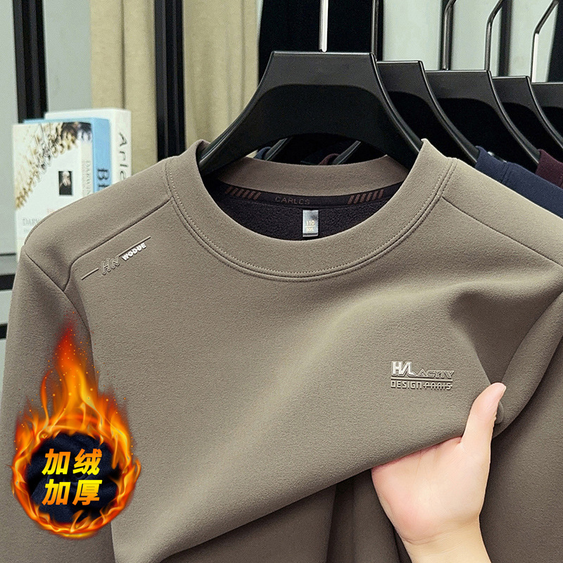 Men's New Velvet Thickened Sweatshirt, Middle-Aged Round Neck, Warm All-In-One Velvet, High-End Casual Loose Clothes for Men to Wear Outside