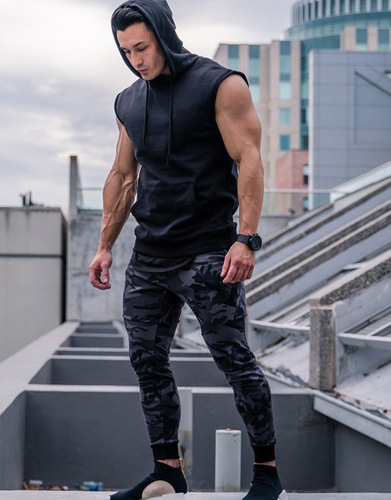 Muscle boy sports vest men's running exercise hooded sleeveless shirt fitness iron waistcoat slim elastic vest