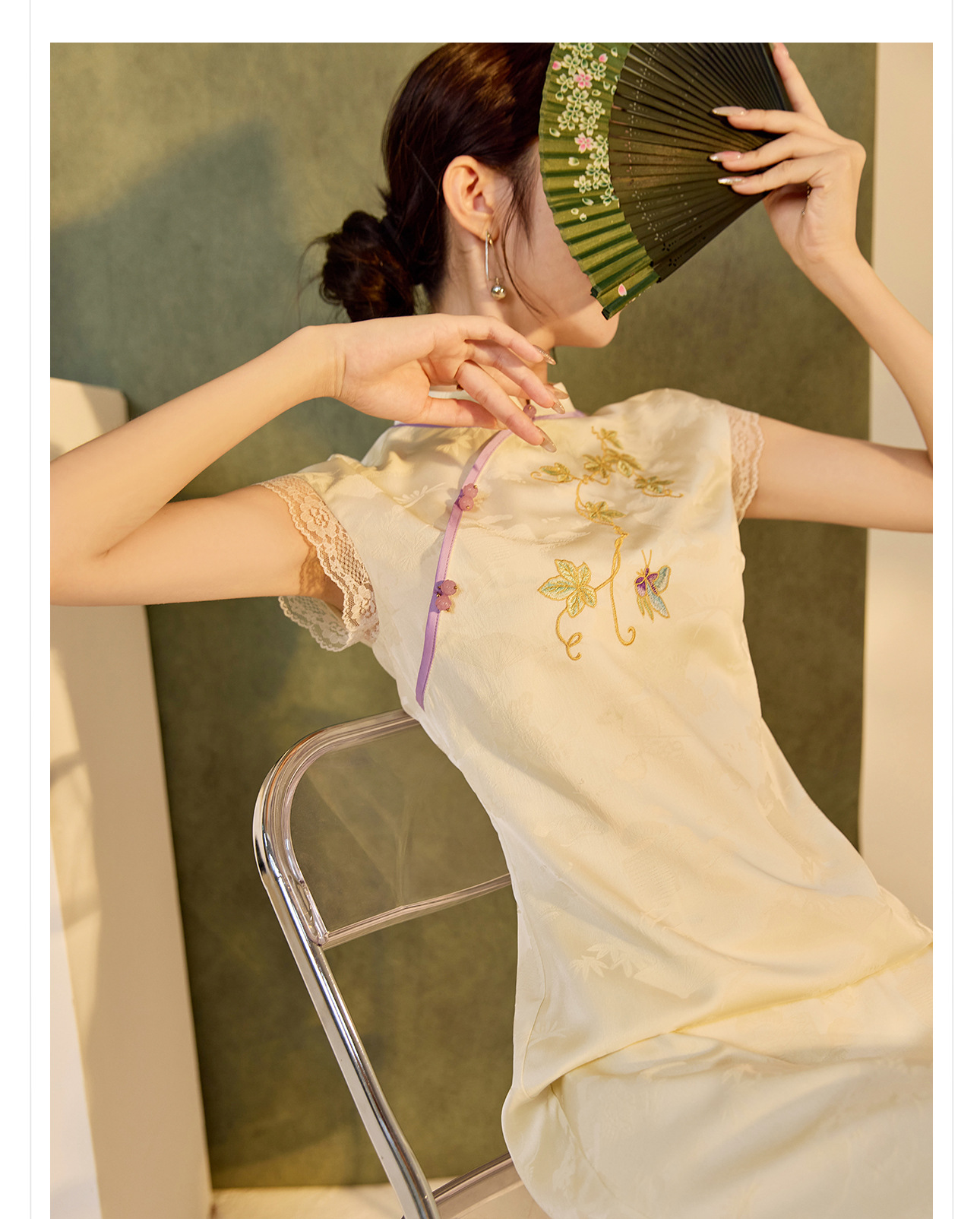 Đầm tay phồng cổ đứng phong cách Trung Hoa mùa hè, sườn xám thêu cải tiến cao cấp — Màu trắng, Màu mơ chi tiết 3