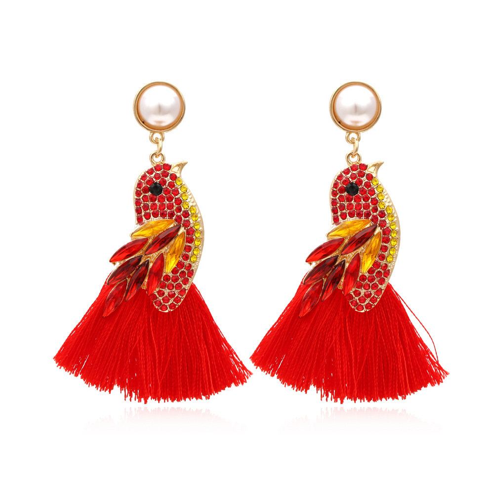 1 Pair Casual Cute Bird Tassel Alloy Rhinestones Drop Earrings display picture 1