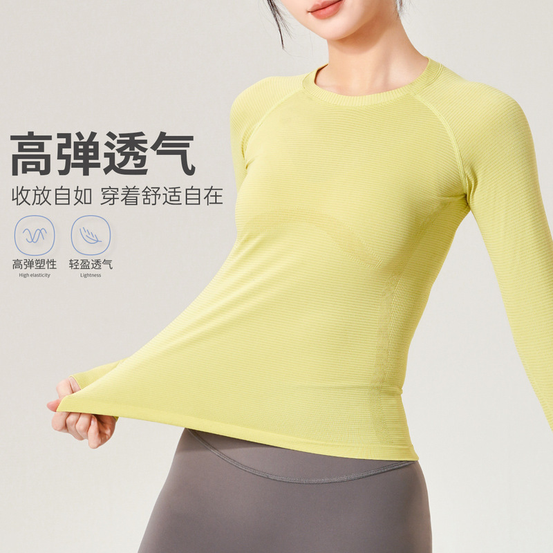 Sports Top Women's Spring and Summer Slim-fit Round Neck Quick-drying Yoga Suit Bright Running Training Breathable Fitness Suit Long-sleeved