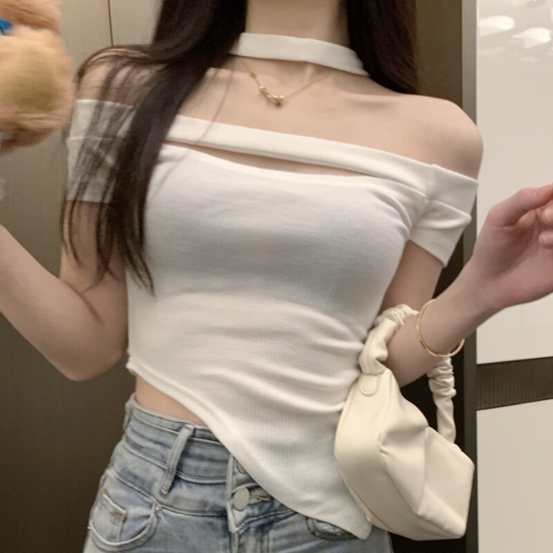 Hot Girls Pure Desire Style One-character Collar Hanging Neck Hollow Shoulder Short T-shirt Women's Design Sense Tight Base Top Hot Girls Pure Desire Style One-character Collar Hanging Neck Hollow Shoulder Short T-shirt Women's Design Sense Tight Base Top