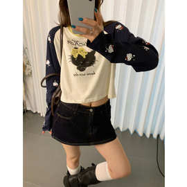 甜美可爱kitty印花撞色插肩袖长袖上衣T恤女薄款防晒罩衫短款上衣