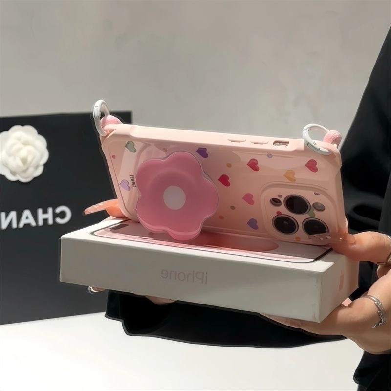 ins粉爱心花朵支架挂绳适用iPhone苹果16手机壳华为vivoppo小米15|undefined