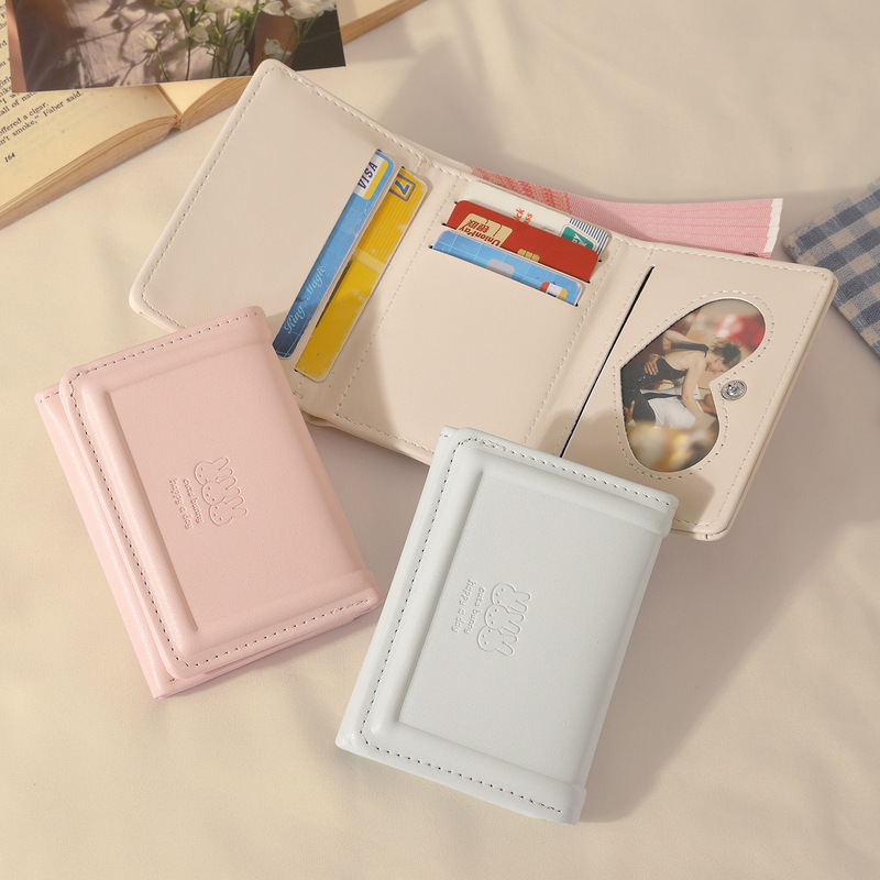 Korean-style cream-colored wallet with cute embossed rabbit design, ID card holder, simple and multifunctional women's folding wallet Korean-style cream-colored wallet with cute embossed rabbit design, ID card holder, simple and multifunctional women's folding wallet