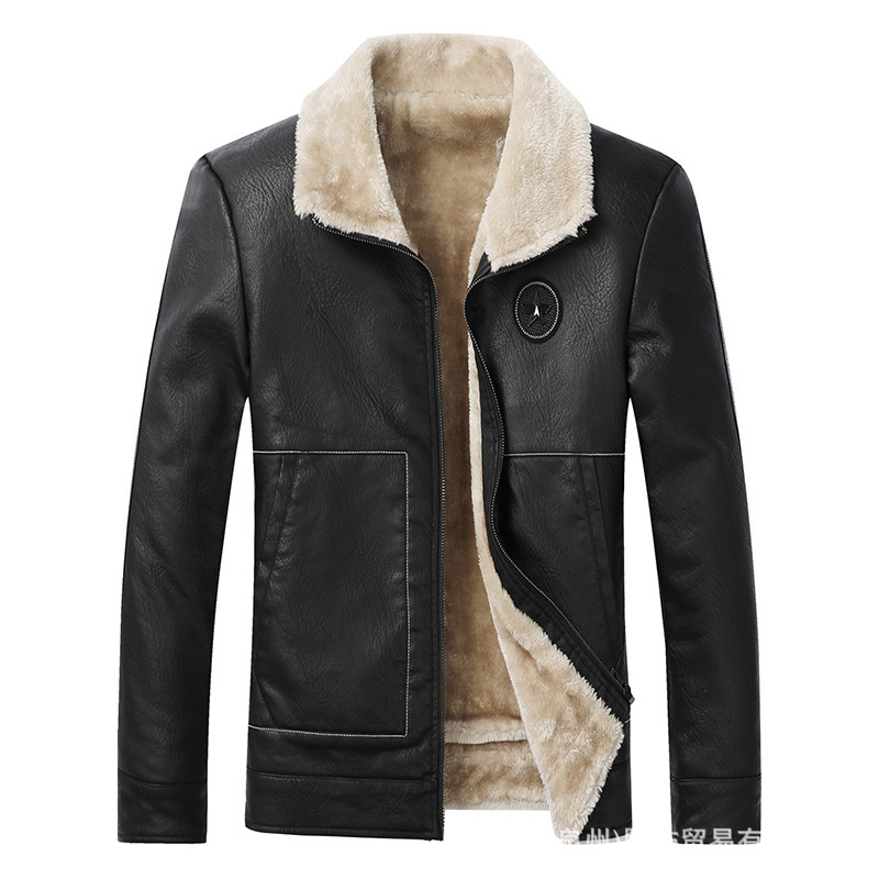 Cross-Border Fur Integrated Men's Winter Velvet Lapel Motorcycle Leather Jacket Men's Pu Leather Casual Jacket Export