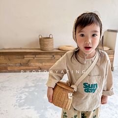 Children's Spring 2024 New Fashion, Girls' Spring Wear Korean Style Flax Cotton Print Shirt 122003