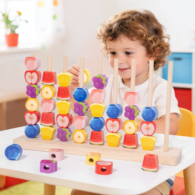 Puzzles infantiles transfronterizos educación temprana de frutas columnas cuentas juguetes color geometría cognitiva juguetes de madera al por mayor