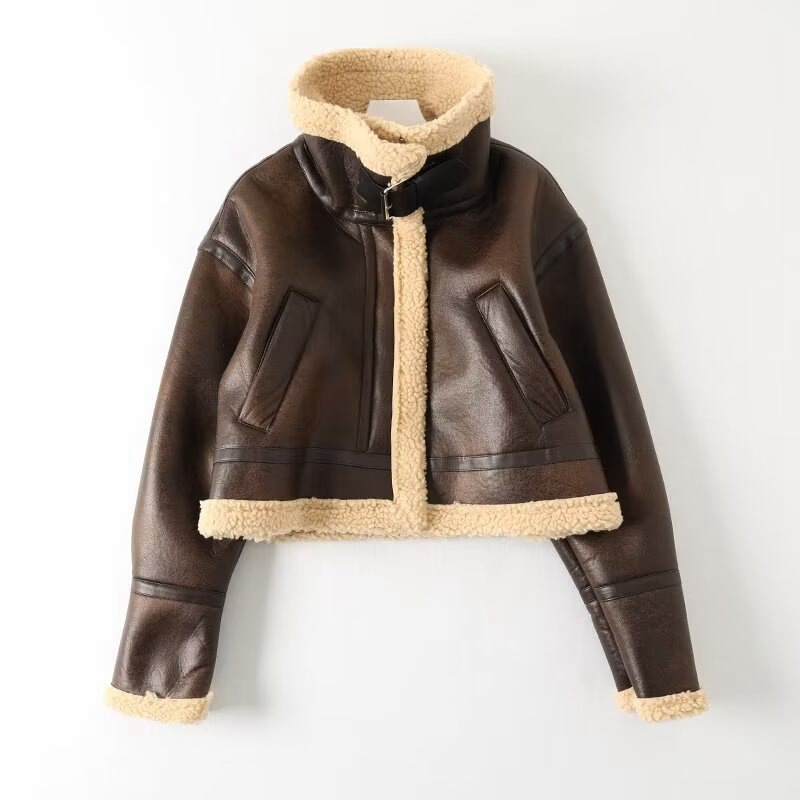 Lamb Wool Outwear Women's Fur One-Piece Thickeneded Short Motorcycle Jacket Winter European and American Lapel Plus Suede Leather Jacket