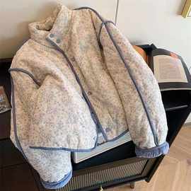 蓝色小碎花灯芯绒拼接棉服外套女2024冬季新款保暖慵懒风韩版上衣