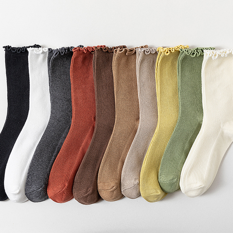 Neue Herbst- und Wintersocken mit Holzohrrand für Damen, Socken mit Holzohrrand in der Mitte, alle passen zu einfarbigen Einschlusssocken, hohe Schlauchsocken für Damen_voghion.com