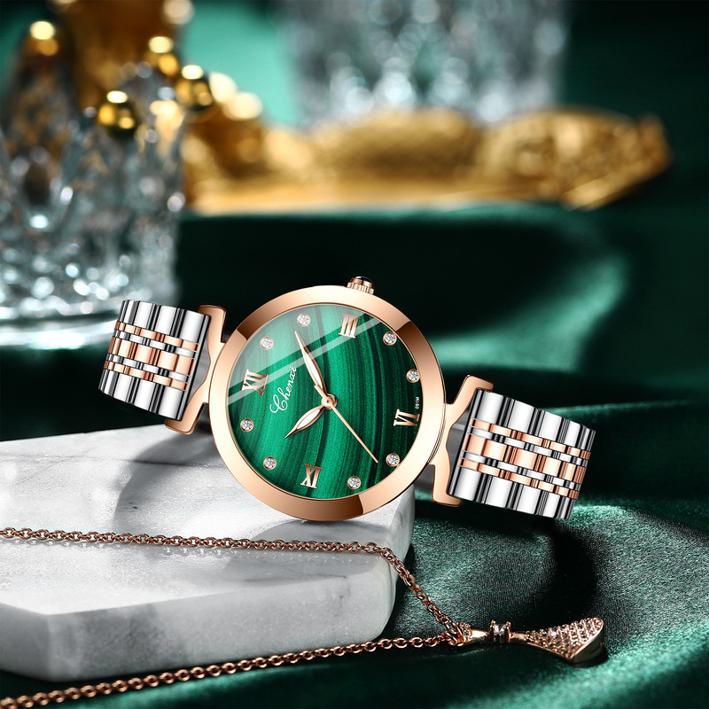 Dawn TikTok Explosions Small Square Watch Women's Genuine Leather Fashion Waterproof Malachite Pattern Watch Women's Instagram Style Small Green Watch