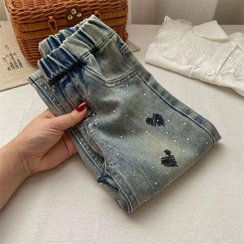 Baby Girl's Jeans Winter Autumn New Children Straight Leg Pants Little Kids Narrow Wide Leg Pants Embroidered Diamond Jeans