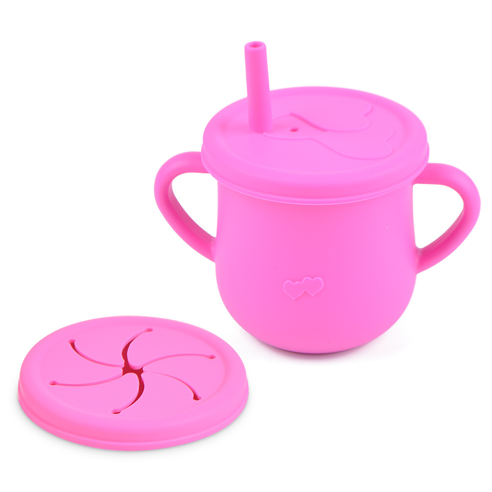 Silicona de grado alimenticio para niños snack Cup mango binaural portátil resistente a la caída con taza de paja de bebé taza de bebida de silicona