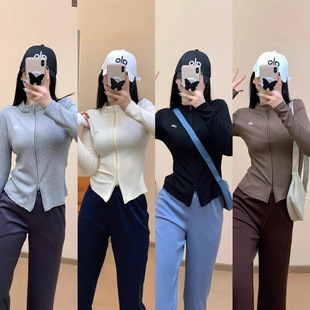 2025Al Women's Two-Way Zipper Thread Shirt Korean Style Stand Collar Double Zipper Long Sleeve Slim Fit Easiest for Match Jacket