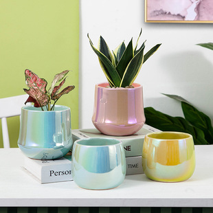 Succulent Round Ceramic Flowerpot Desktop Simple Creative Scandinavian Ins Indoor Pothos and Green Plant Laser Colorful Flowerpot
