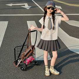 儿童薄款短袖套装裙2026女童夏季新款女孩学院风上衣百褶裙两件套