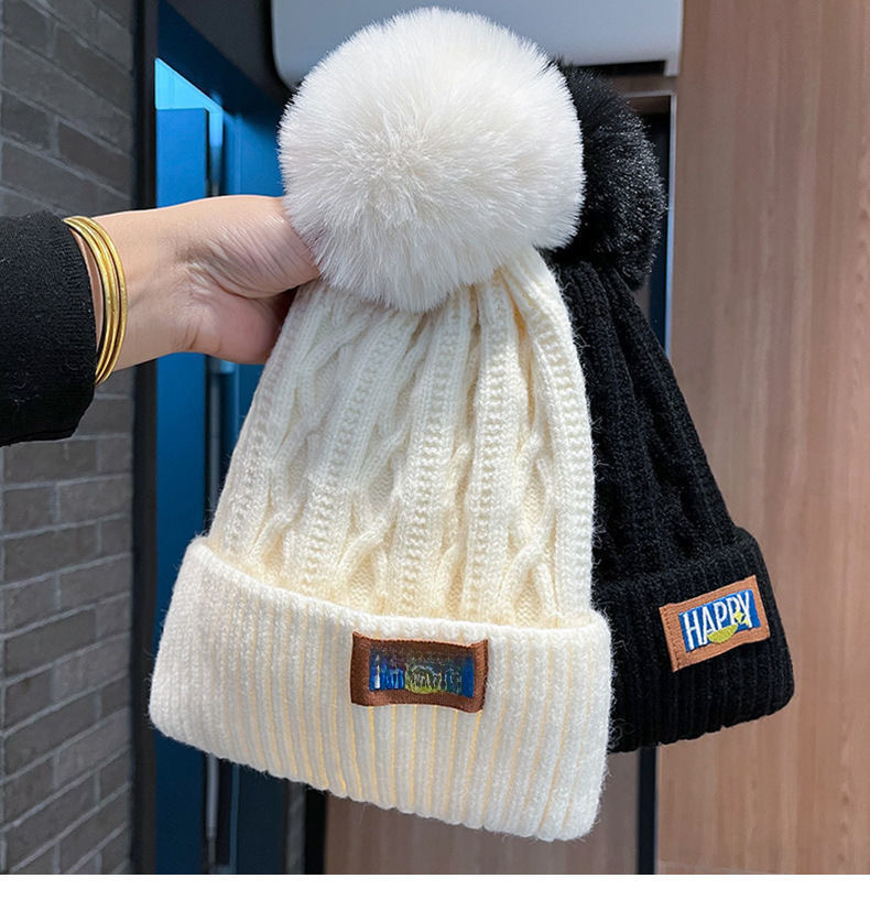 Wintermütze aus Wolle mit Fleecefutter, dicke, warme Strickmütze aus dem Nordosten, für Damen, großer Kopf, Ohrenschutz, Haarballmütze, weiße Ballmütze_voghion.com