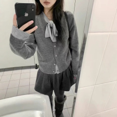 AIMISS miu系穿搭灰色假两件蝴蝶结针织开衫女春季高级感毛衣外套