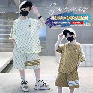 Summer new children's short-sleeved shorts suit small and medium boys letter printing candy color sports leisure two-piece set